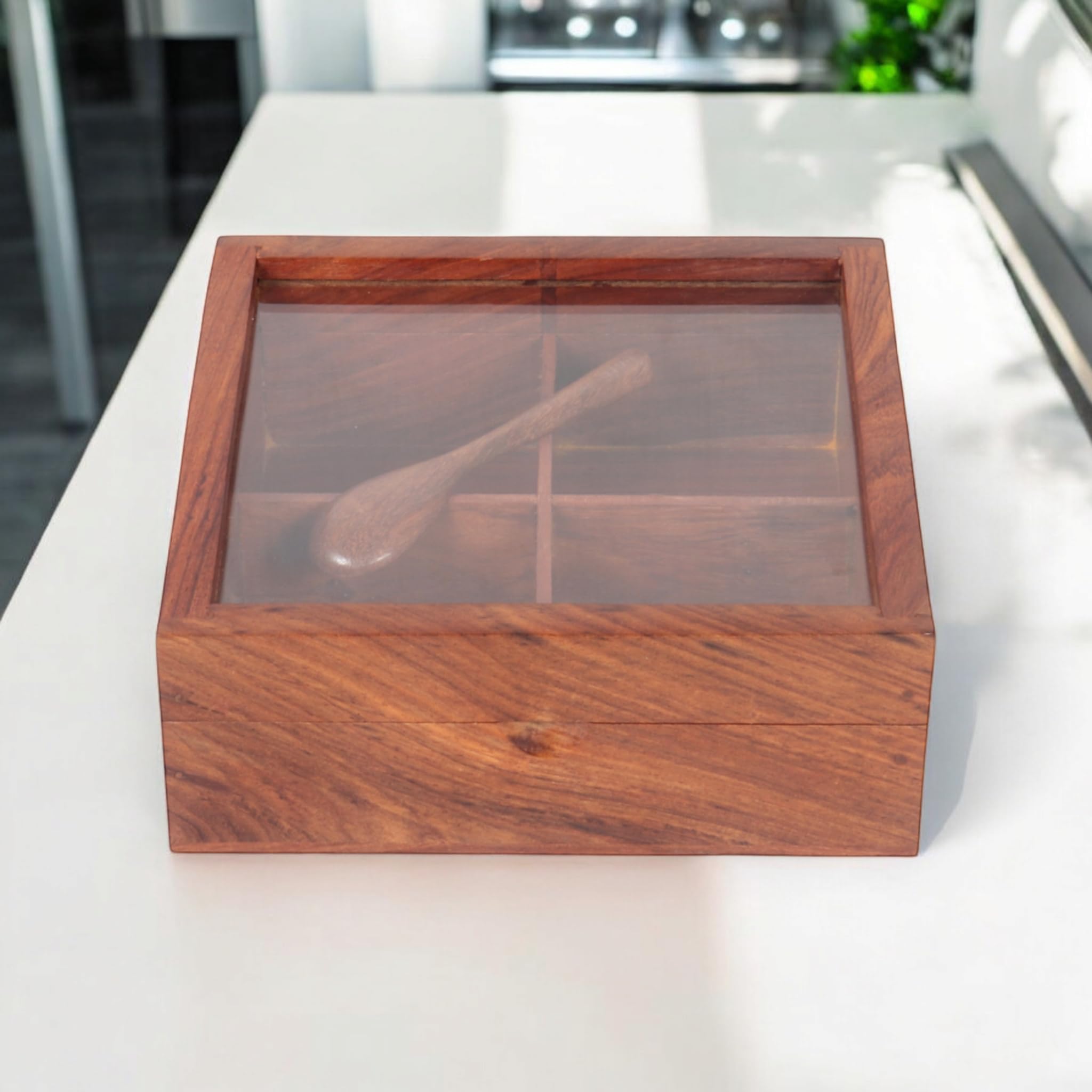 Wooden Spice Box With 4 Partitions & Spoon, Mukhwas For Refereshment, Spice Container For Kitchen, Masala Dabba, Namakdani For K